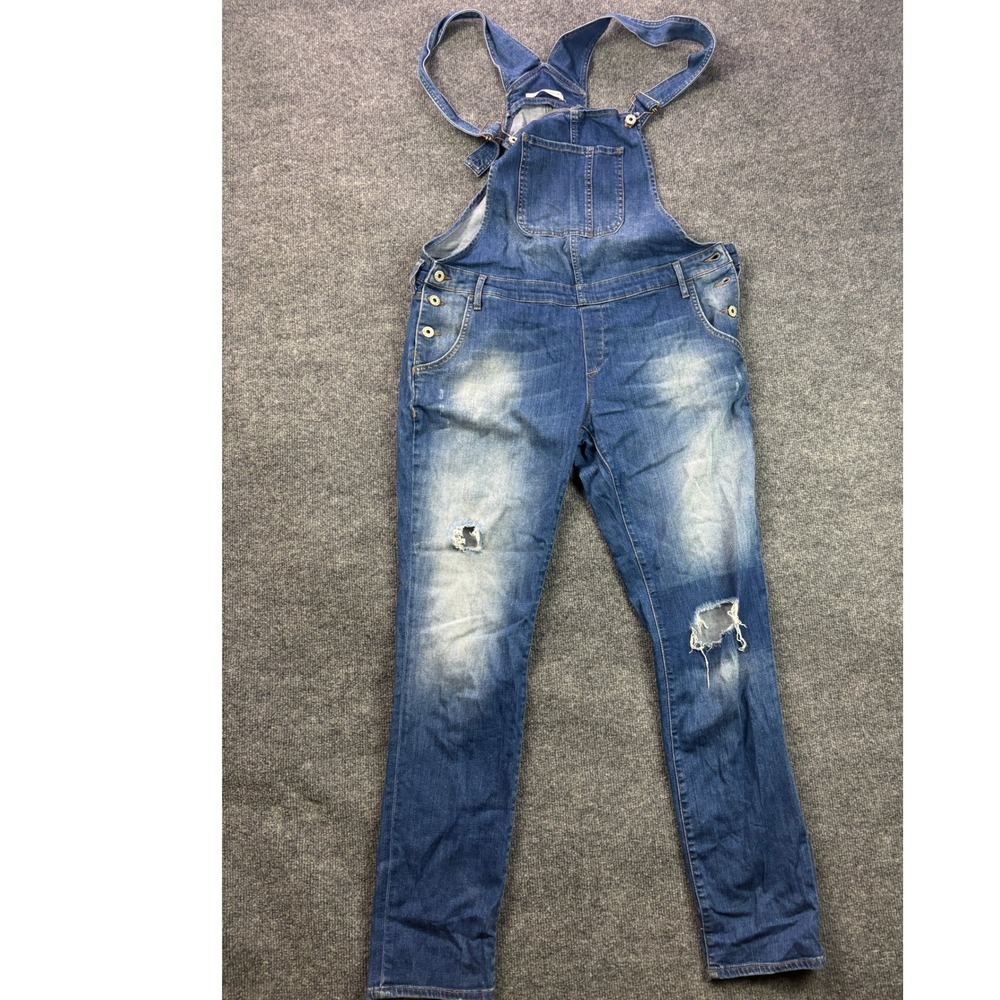Mavi Overalls Women XL Blue Distressed Denim Slim Leg Adjustable Bib Jumpsuit